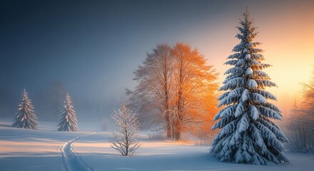 Winter wonderland landscape with snow-covered trees and golden sunset light