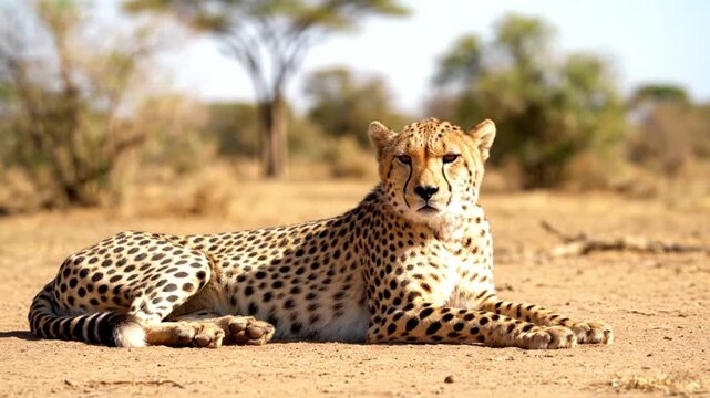 A beautiful cheetah lies down to rest on the sun-baked earth of the African savanna. The majestic wild cat looks directly into the camera with a calm, focused gaze. Its spotted coat is vibrant in the 