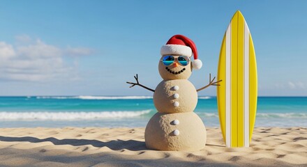 Snowman wearing sunglasses on sunny beach ready for surfing Christmas holiday
