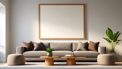 Obraz premium Cozy and modern living room interior with a large framed mirror above a comfortable sofa and decorative pillows bathed in soft natural light