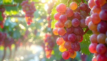 Close-up of Pink Grapes on the Vine in Natural Sunlight