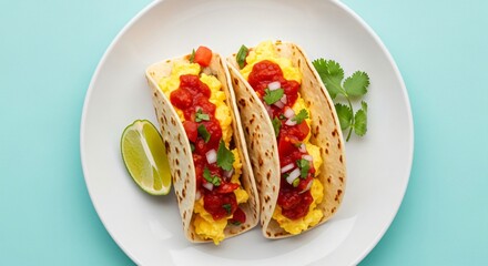 Delicious breakfast tacos with eggs and salsa on white plate