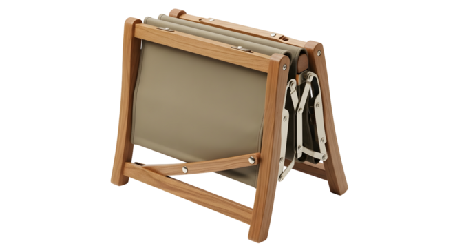 A wooden folding rack featuring neutral canvas stretched within its frame stands on a transparent background, illuminated by soft lighting, showcasing simple elegant furniture.