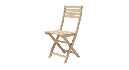 A wooden folding chair with a natural finish is isolated against a transparent backdrop perfect for design mockups and interior decoration projects. The chair embodies simplicity and utility.