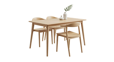 Illustration of a wooden dining table with chairs and plants in a vase. Modern design for home interior on a transparent background.