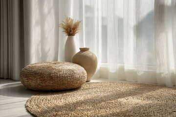 Beige rug, woven ottoman, and vases near window