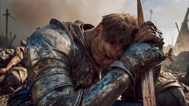Wounded knight kneeling with sword in battlefield, cinematic moment of exhaustion, faith, and resilience symbolizing courage and human spirit in conflict.