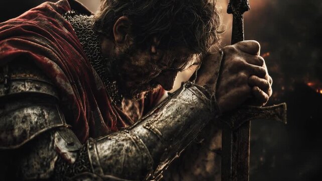Battle-weary knight kneeling over sword in smoky battlefield, representing endurance, faith, and the timeless symbol of courage and redemption.