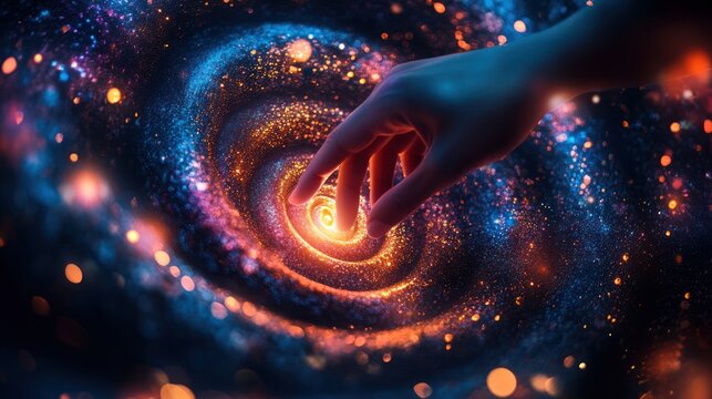 Hand touching cosmic spiral; nebula background; science fiction; website header