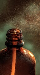 Close-up of amber glass bottle spraying mist