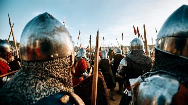 Back view of armored knights marching under sunlight, cinematic composition symbolizing discipline, power, and the spirit of medieval brotherhood.