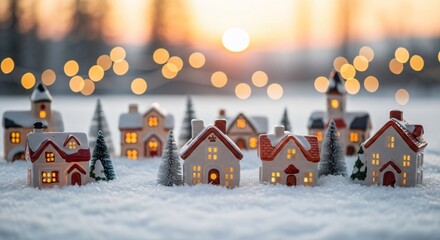Festive miniature village with glowing lights and winter snow scene at sunset