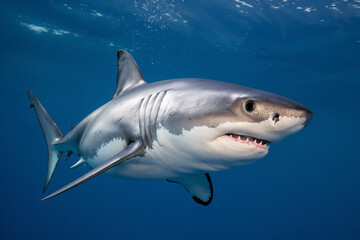 Fototapeta premium Great White Shark navigating clear ocean depths.
