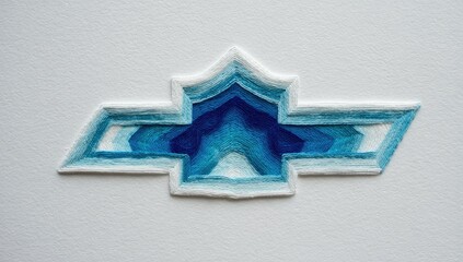 Layered paper art of a stylized emblem, in shades of blue and white