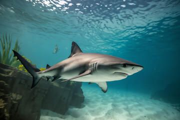 Naklejka premium Shark swimming in clear shallow ocean water with sunlight filtering from the surface above.