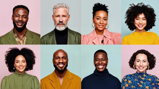 Diverse portraits of men and women smiling, representing inclusion, positivity, and community in modern society and professional lifestyle imagery.