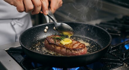 Fototapeta premium Professional chef basting a prime beef steak with butter.