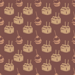 Vector seamless pattern with hand drawn cakes and cupcakes on brown background for packaging textile or wallpaper