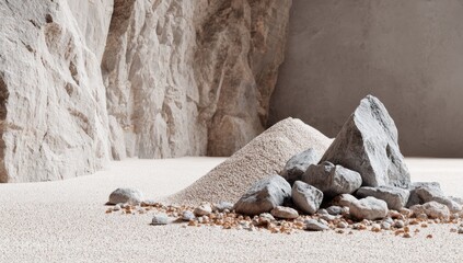 Light beige sand, rocks, and a pile of light gray rocks in a cave-like scene