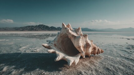 Detailed seashell on a shore against a mountainous background under daylight
