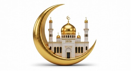 Golden mosque with crescent moon design for Islamic celebrations in 2026