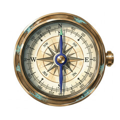 Antique Brass Compass Watercolor Illustration Isolated on White