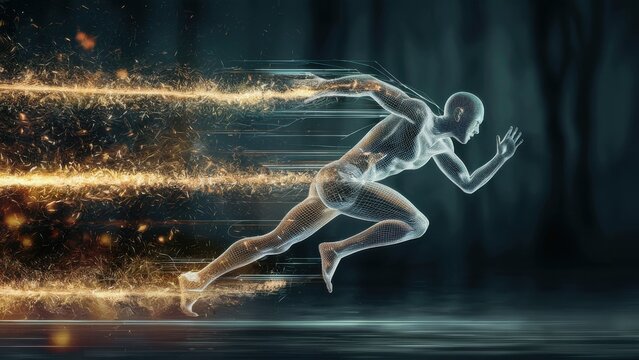 Dynamic digital runner sprints forward with energy trails, perfect for fitness tech, sports innovation, and high performance marketing campaigns