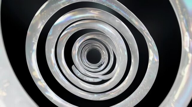 A perspective view of swirling, pearlescent, tubular forms, on a black gradient background