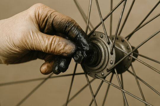 Mechanic's greasy hand tightening nut on vintage bicycle wheel hub, closeup of maintenance process and dirty fingers with spokes - Powered by Adobe