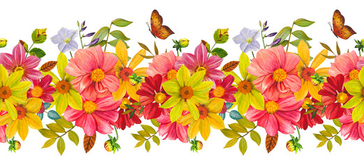 Seamless autumn border with vibrant dahlias, autumn leaves. Hand drawn watercolor illustration.