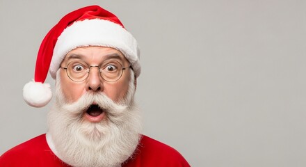 Surprised Santa Claus with wide eyes and open mouth ready for Christmas cheer