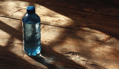 Blue plastic water bottle on a rustic wooden surface, sunlit