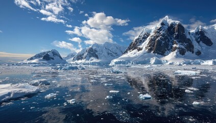 Antarctic mountains reflected in icy water