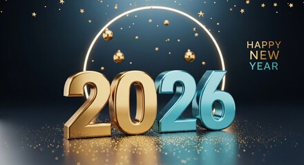 Happy New Year 2026 greeting with gold and blue colors on dark background