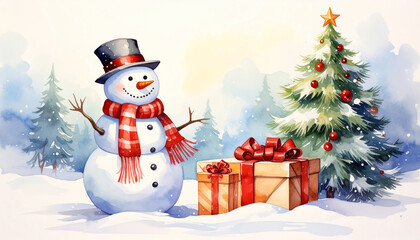 Fototapeta premium Christmas Snowman in cylinder with gift box in winter forest. Watercolor New Year card.