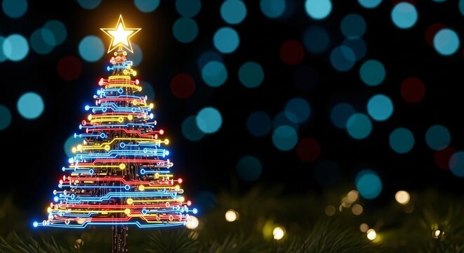 Vibrant neon Christmas tree design with star and bokeh lights for holiday decor
