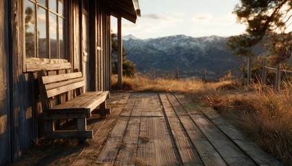 Wooden porch with a bench overlooking a mountain range at sunset