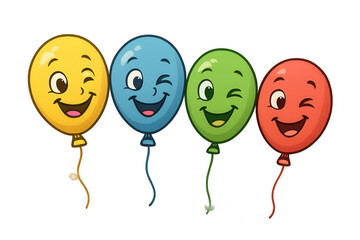 Happy cartoon balloons winking, celebrating, symbolizing joy and party fun with colorful designs and smiling faces