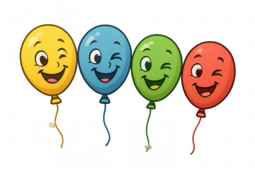 Happy cartoon balloons winking, celebrating, symbolizing joy and party fun with colorful designs and smiling faces