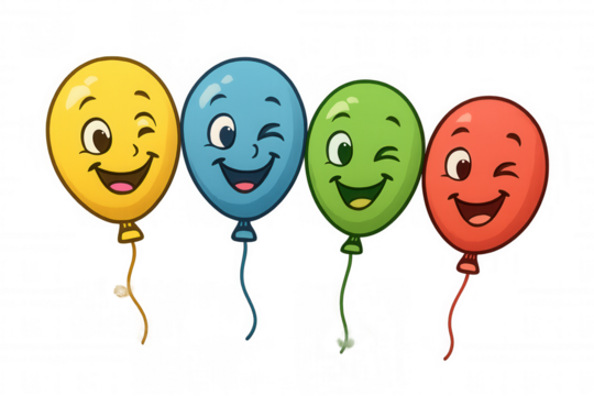 Happy cartoon balloons winking, celebrating, symbolizing joy and party fun with colorful designs and smiling faces