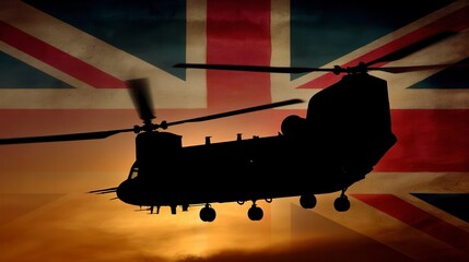 Powerful silhouette of military Chinook helicopter against dramatic sunset sky with British Union Jack flag background, symbolizing UK armed forces and defense