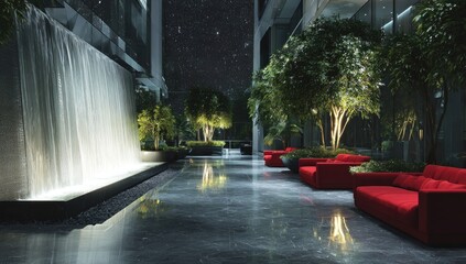 Nightfall atrium with waterfall, lush plants, and red seating