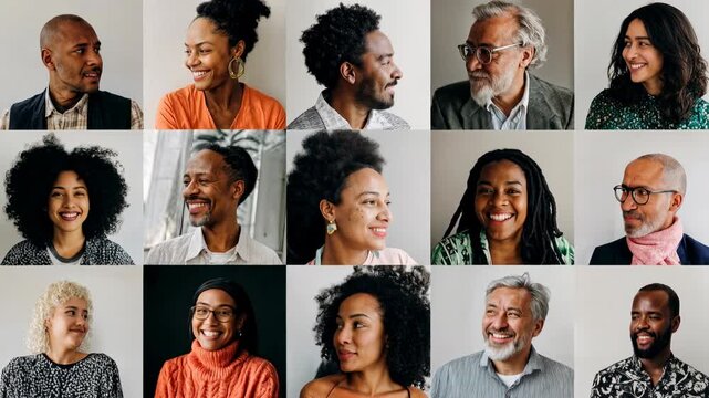 Smiling individuals of different ethnicities and ages standing together, promoting unity, inclusion, and social awareness for lifestyle and business concepts.
