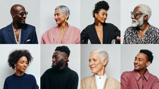 Smiling men and women in casual studio portraits, highlighting confidence, equality, and joy for marketing, HR, or educational visuals.