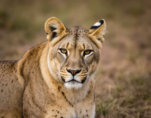 Obraz premium Close-up portrait of a female lion with tawny fur and amber eyes, captured in soft natural light against a blurred savannah background, showcasing wildlife elegance and strength.