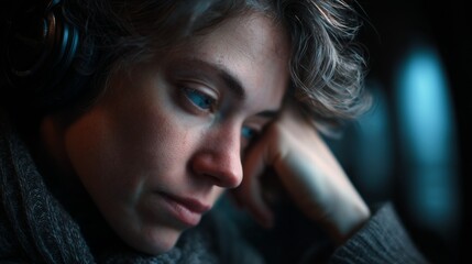 Sad young woman in headphones sitting alone in low light, looking down with thoughtful expression. Perfect for mental health, solitude, burnout, emotional fatigue, depression, and lifestyle use.