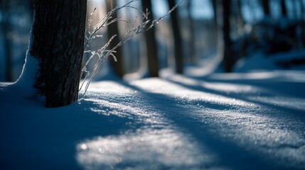 Snow-covered forest with sunlight casting long shadows on the ground. Peaceful winter landscape with frosty trees and soft textures. Ideal for seasonal backgrounds, nature design, and ads.