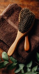 Wooden hairbrush on brown towel, spa setting