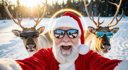 Santa Claus taking selfie with reindeer, winter holiday fun and joy