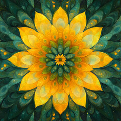 A radiant symphony of golden petals unfolds in an intricate kaleidoscope of fractal patterns, weaving nature’s artistry into mesmerizing optical illusions.